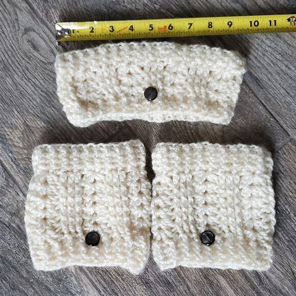 Hand Crafted Chunky Knit Crochet Cream Colored Boot Cuffs and Headwrap Set - Picture 5 of 10
